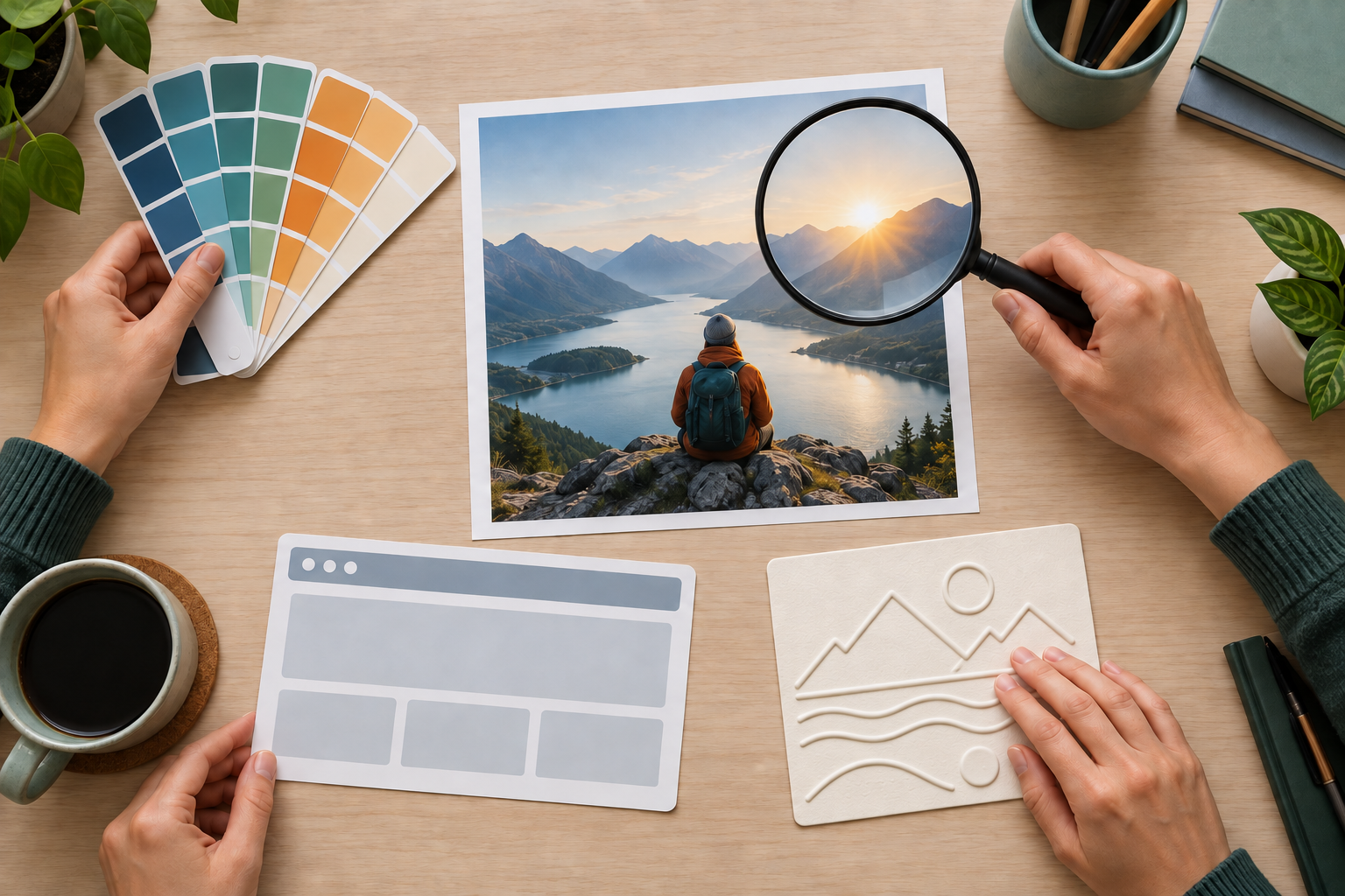 A campaign image sits at the center of a desk surrounded by tools for checking color, defects, page context, and accessibility.