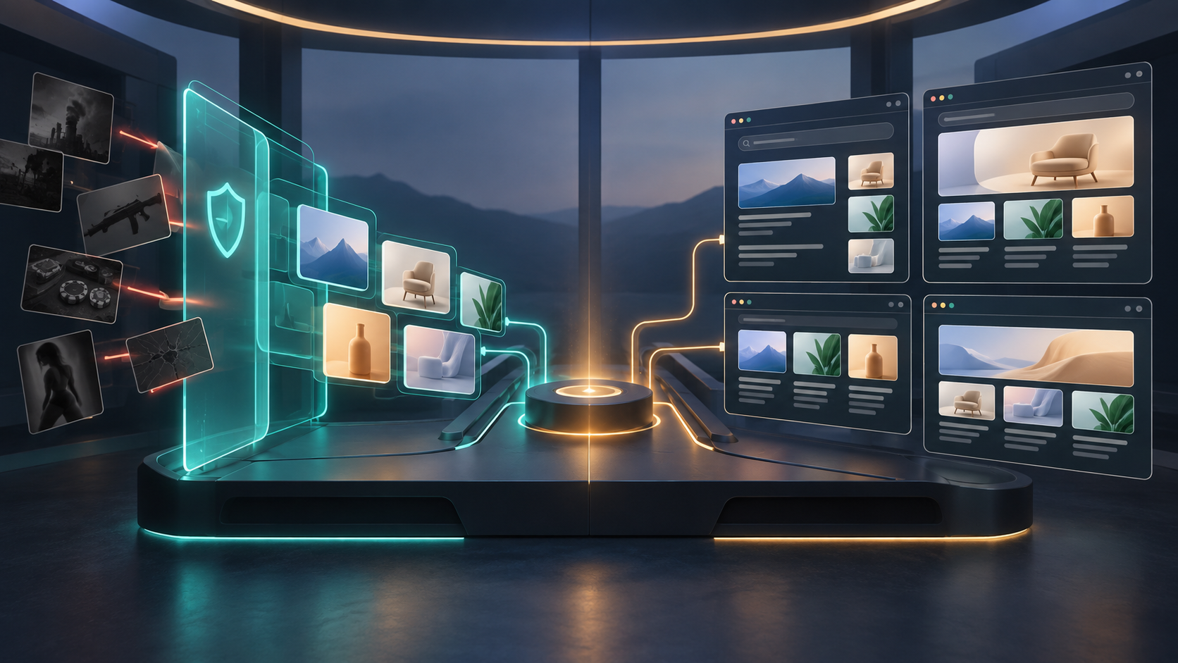 A split digital control console routes ad tiles away from unsafe contexts on one side and rearranges modular ad assets into different layouts on the other.