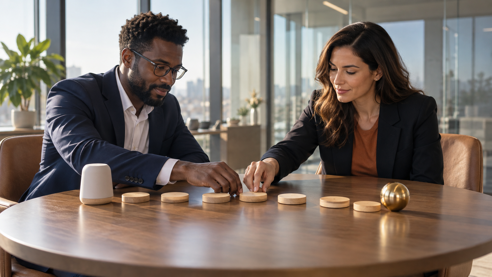 Two business professionals align blank wooden markers along a shared tabletop path leading from a product prototype to a metallic goal object.