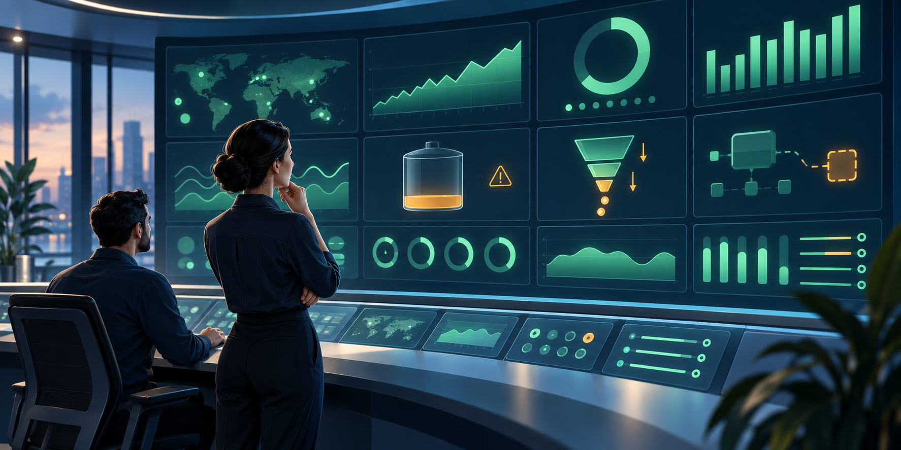Two analysts monitor abstract campaign controls while subtle amber warnings appear among mostly green indicators.