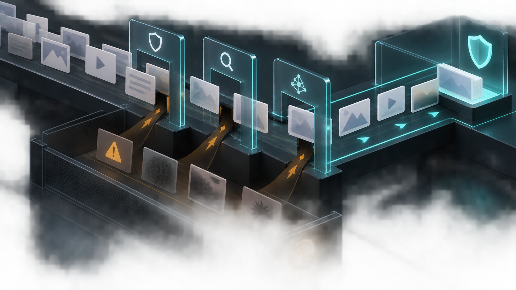 A layered filtering system diverts risky content cards away from a protected advertising area while neutral cards pass through.