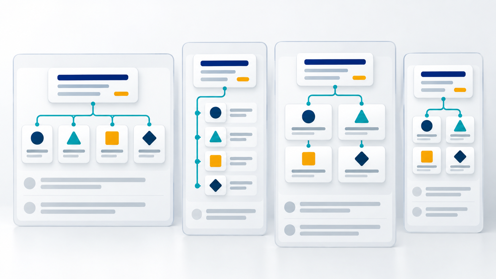 Four modular destination tiles connect to a search ad component and reflow into horizontal, stacked, expanded, and compact layouts.
