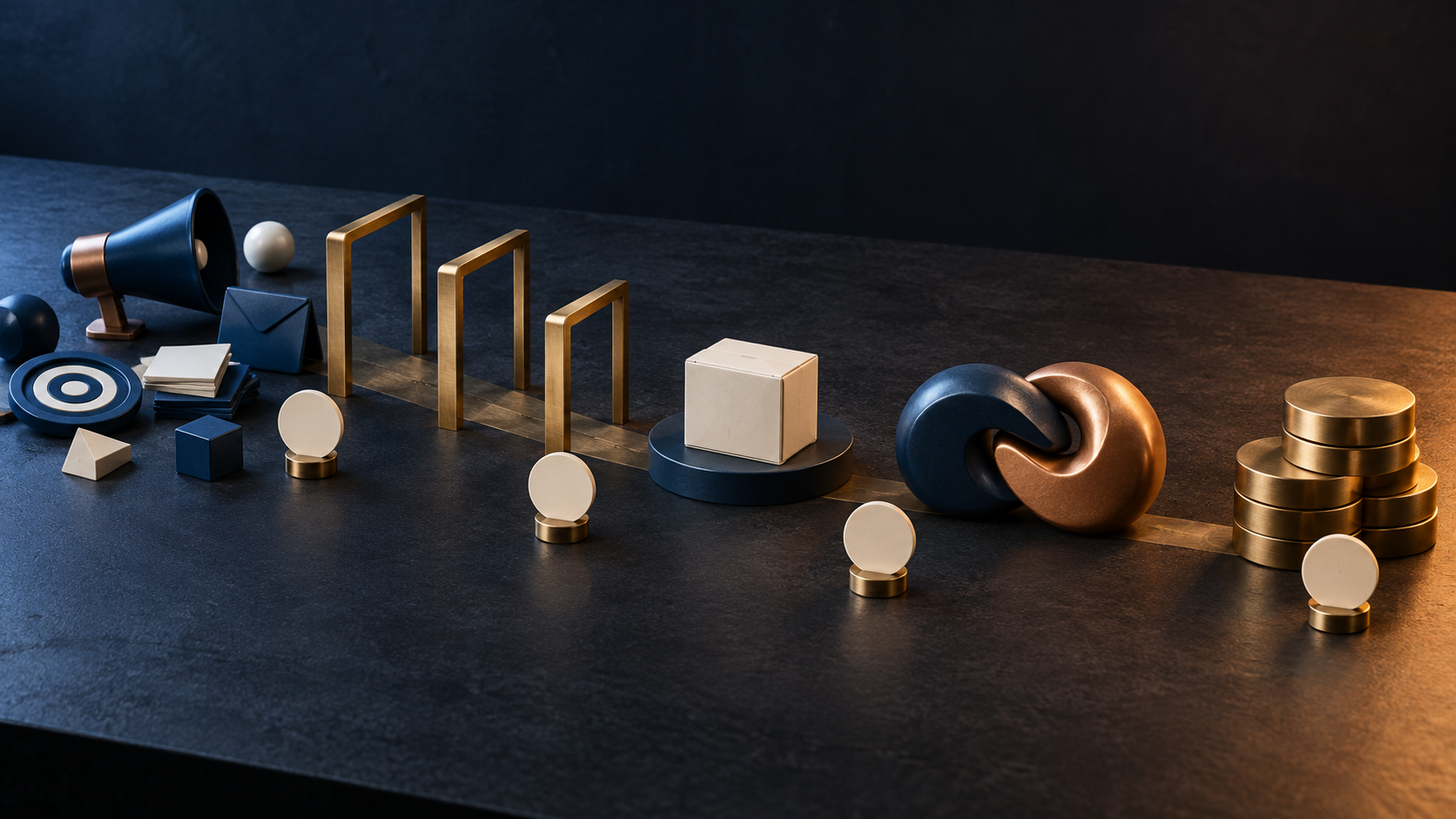 A tabletop sequence of campaign objects, brass checkpoints, a product sample, interlocking forms, and metallic discs depicts a progression toward revenue.