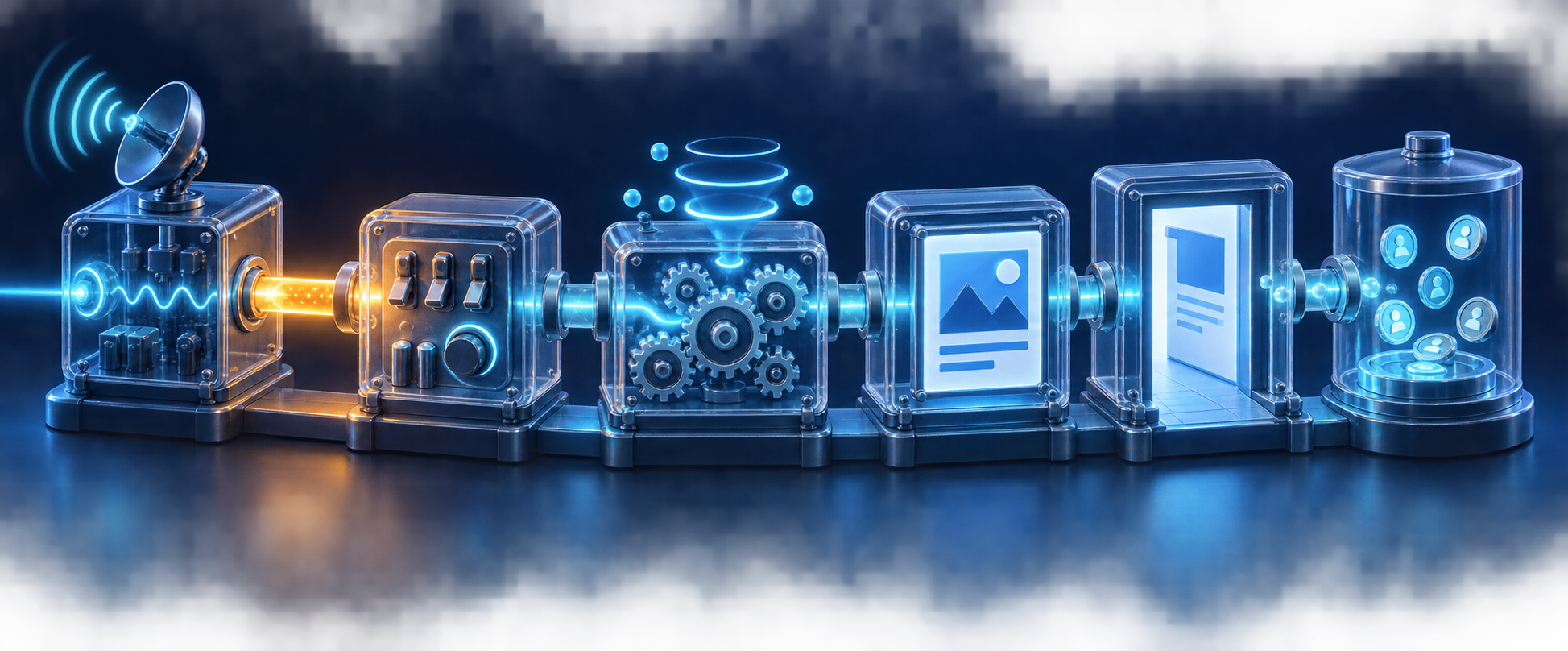 A transparent advertising system shows tracking, controls, automated bidding, creative, landing page, and conversions connected in causal order.