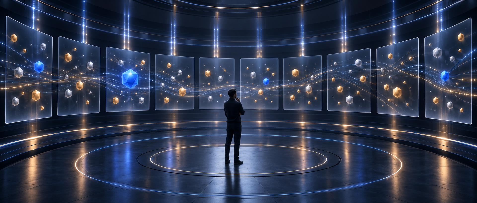An analyst observes a ring of translucent AI answer panels in which a blue brand marker appears with varying prominence.