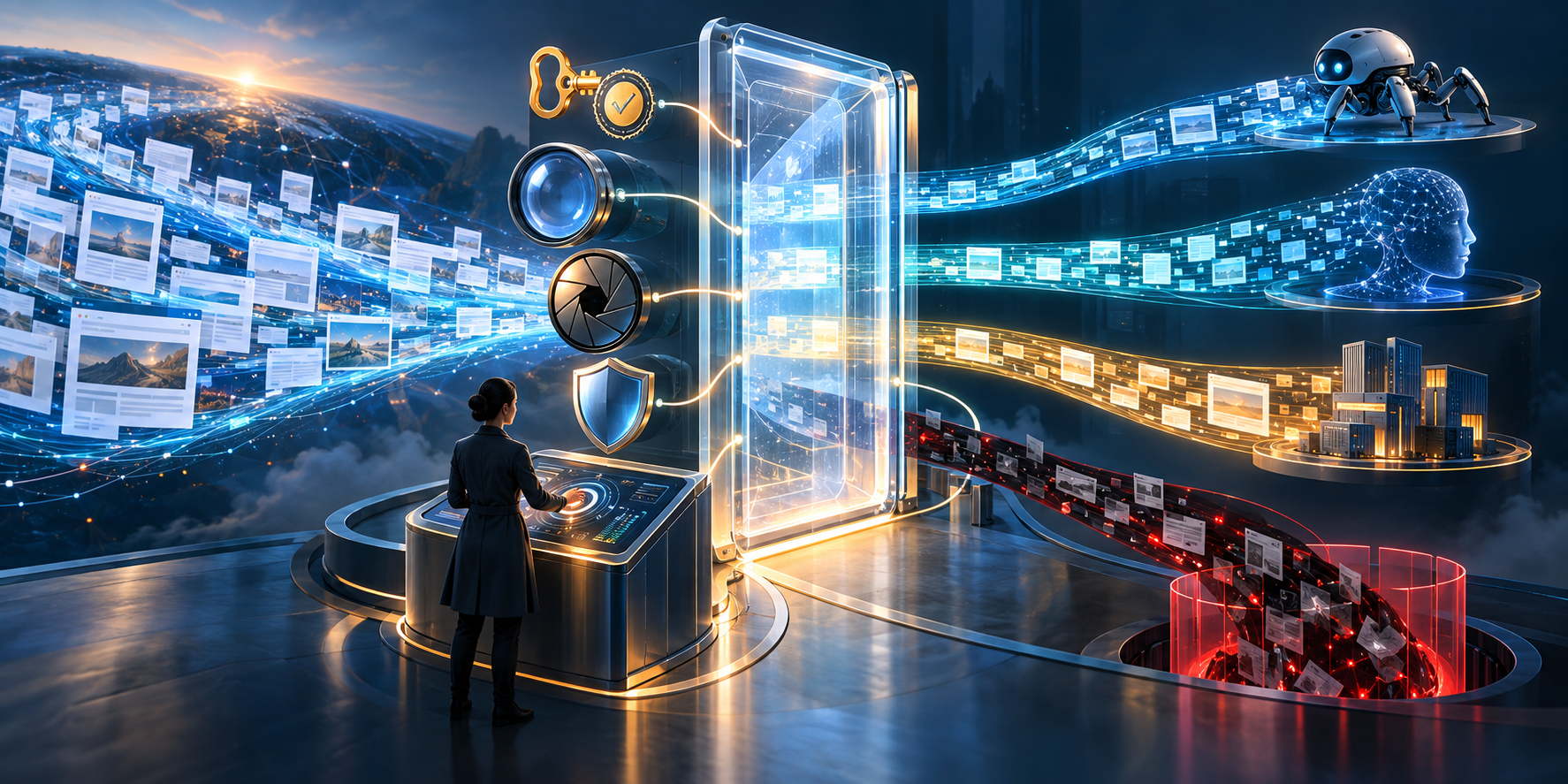 A site owner operates a secure gateway that filters web data flows among search, AI, and other digital services.