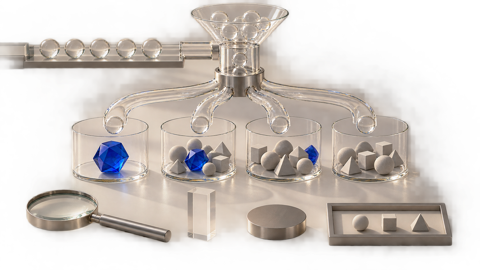 Transparent chambers show the same blue marker as prominent, peripheral, grouped with alternatives, or absent after repeated inputs.