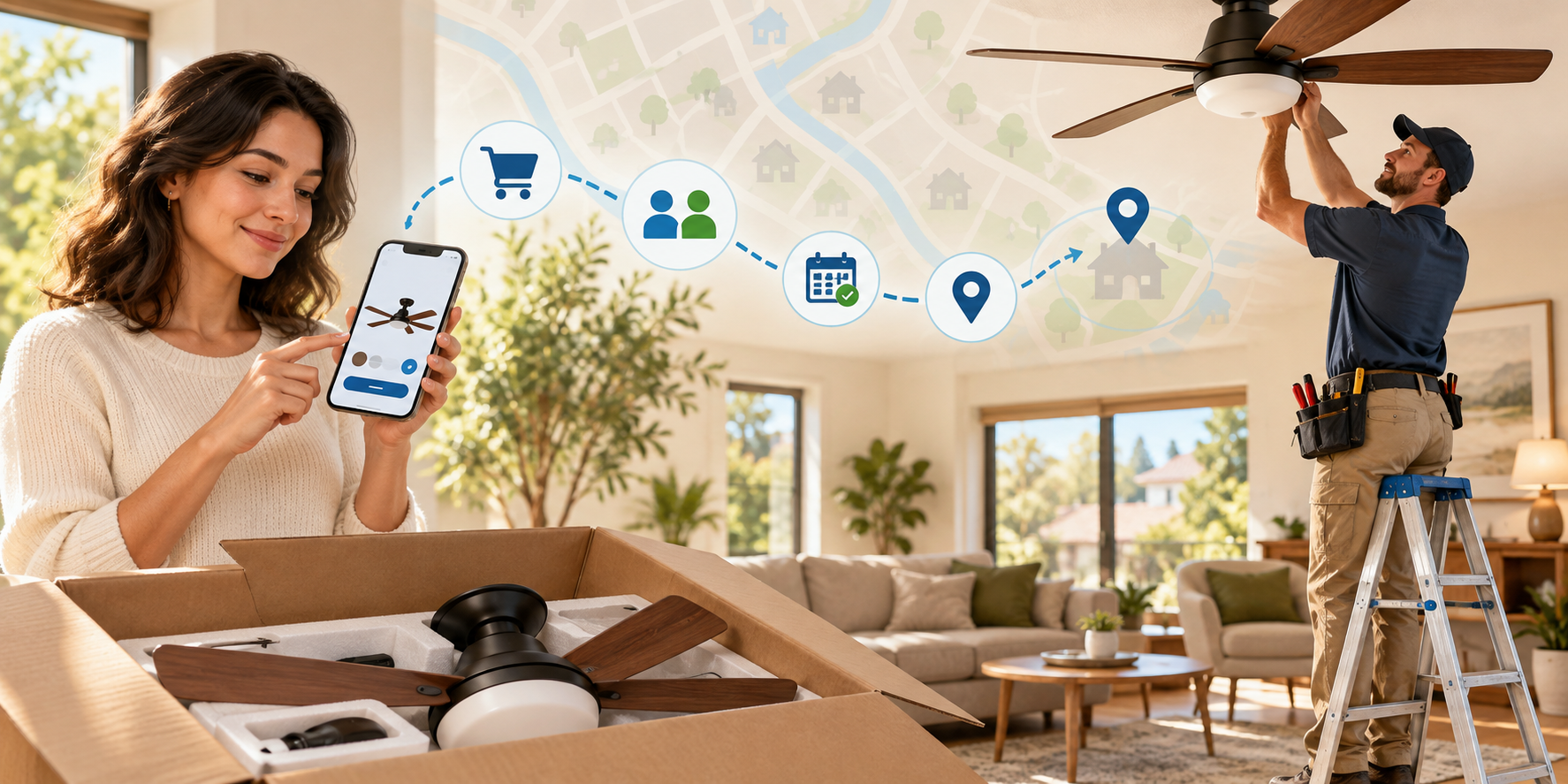 A homeowner with a newly delivered ceiling fan uses a phone while a local service professional installs the fan in a living room.