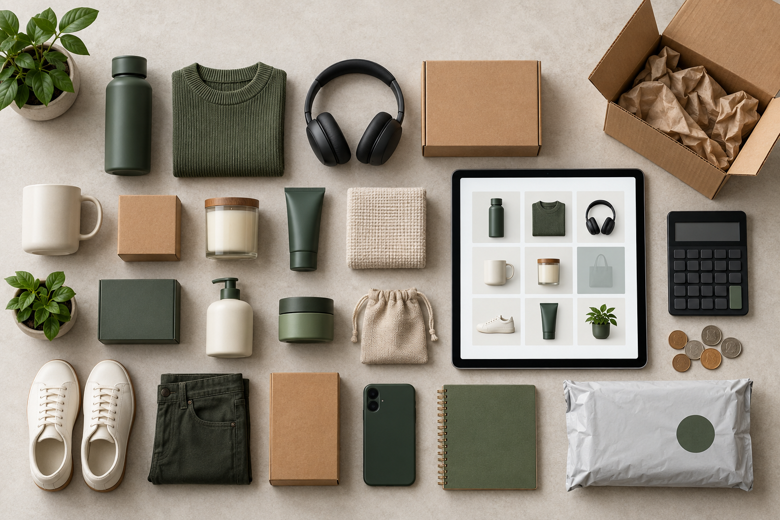 An overhead arrangement of unbranded products, packaging, coins, a calculator, and a tablet with abstract product tiles.