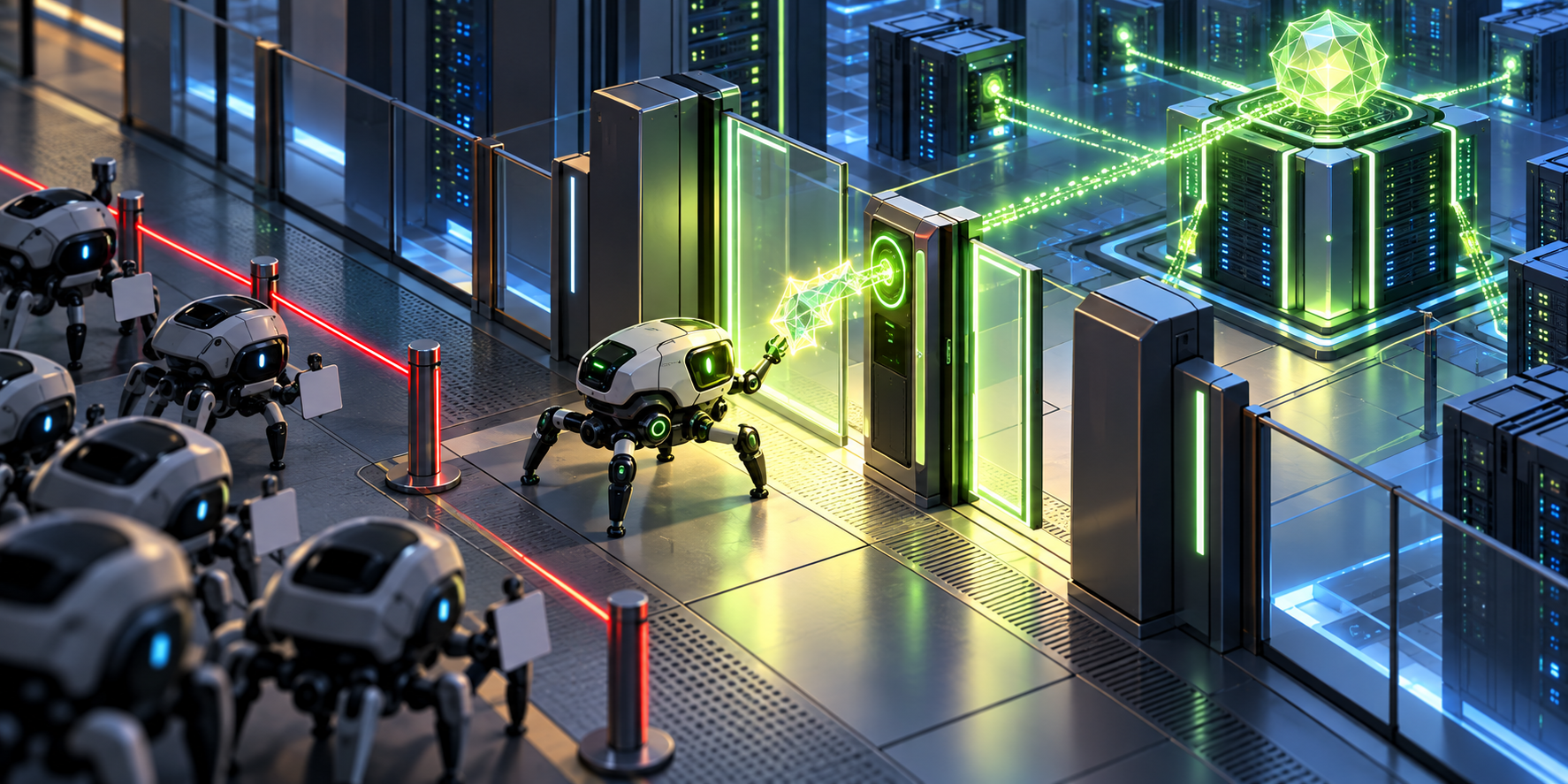 A crawler presents a digital key at a network checkpoint while unverified crawler devices remain outside the gate.