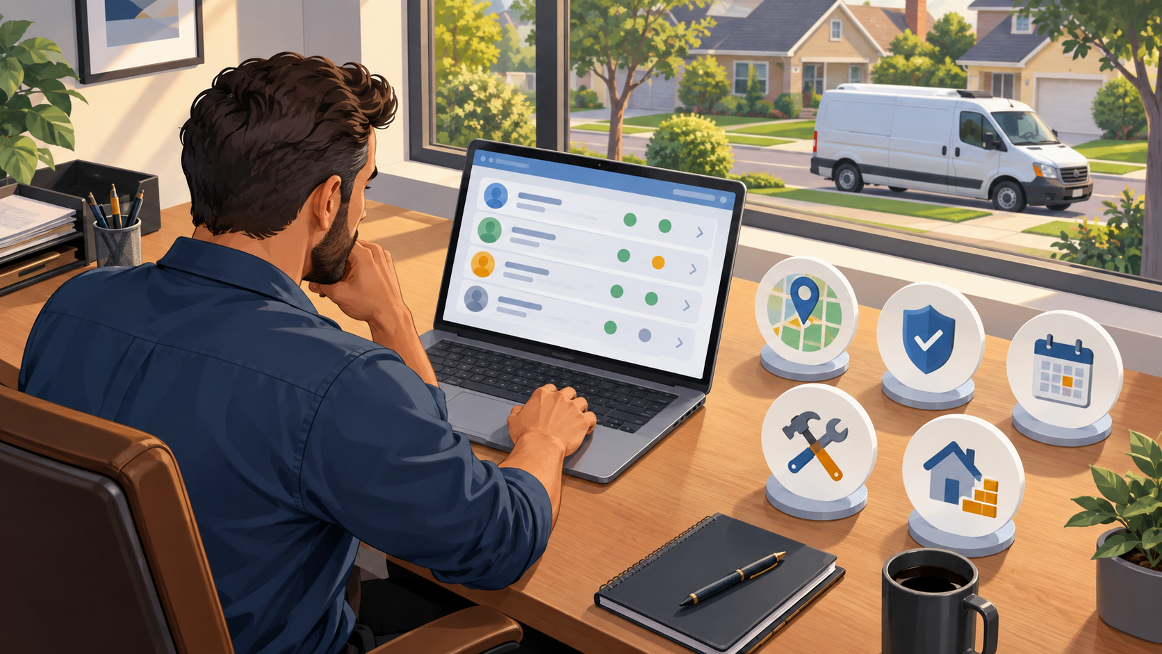 A local service business owner reviews a lead on a laptop beside symbols for service area, verification, availability, and job type.