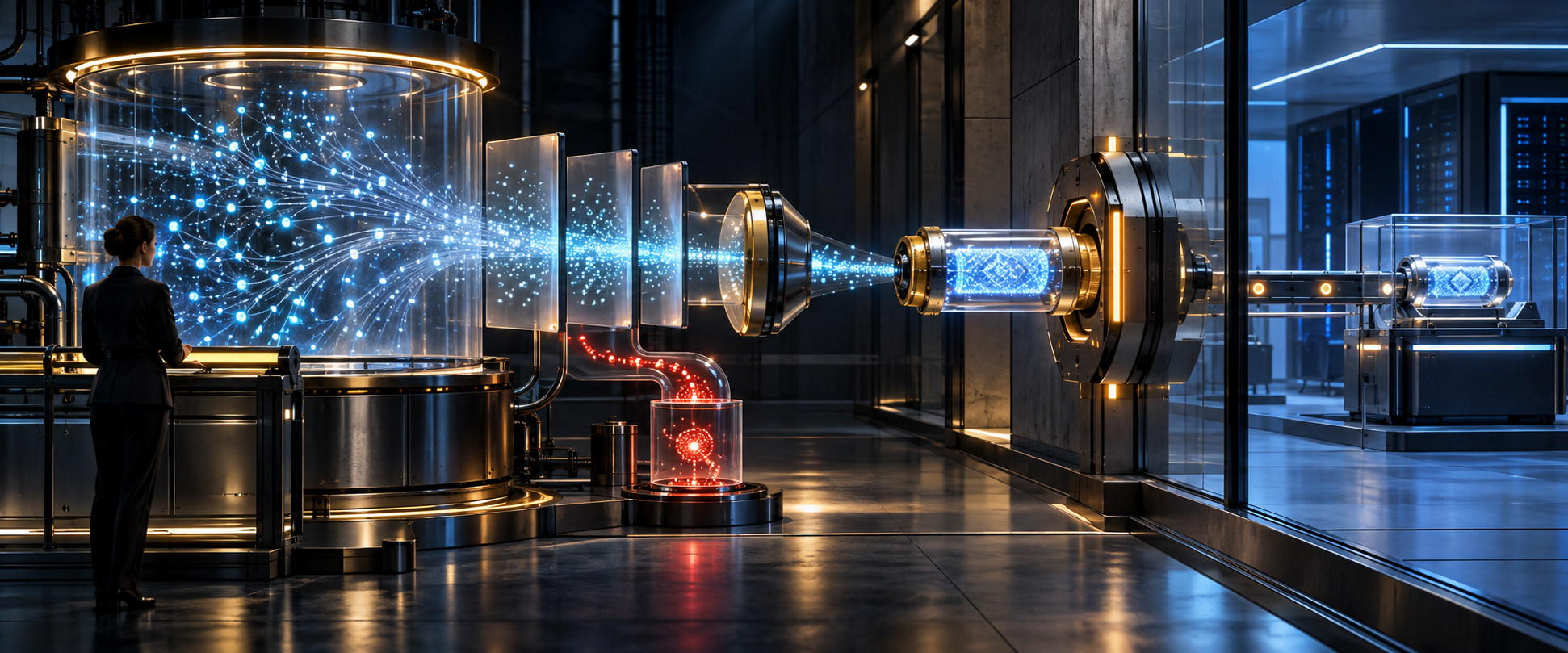 An analyst monitors a secure vault as search data is minimized, encrypted, and transferred through a controlled access port.