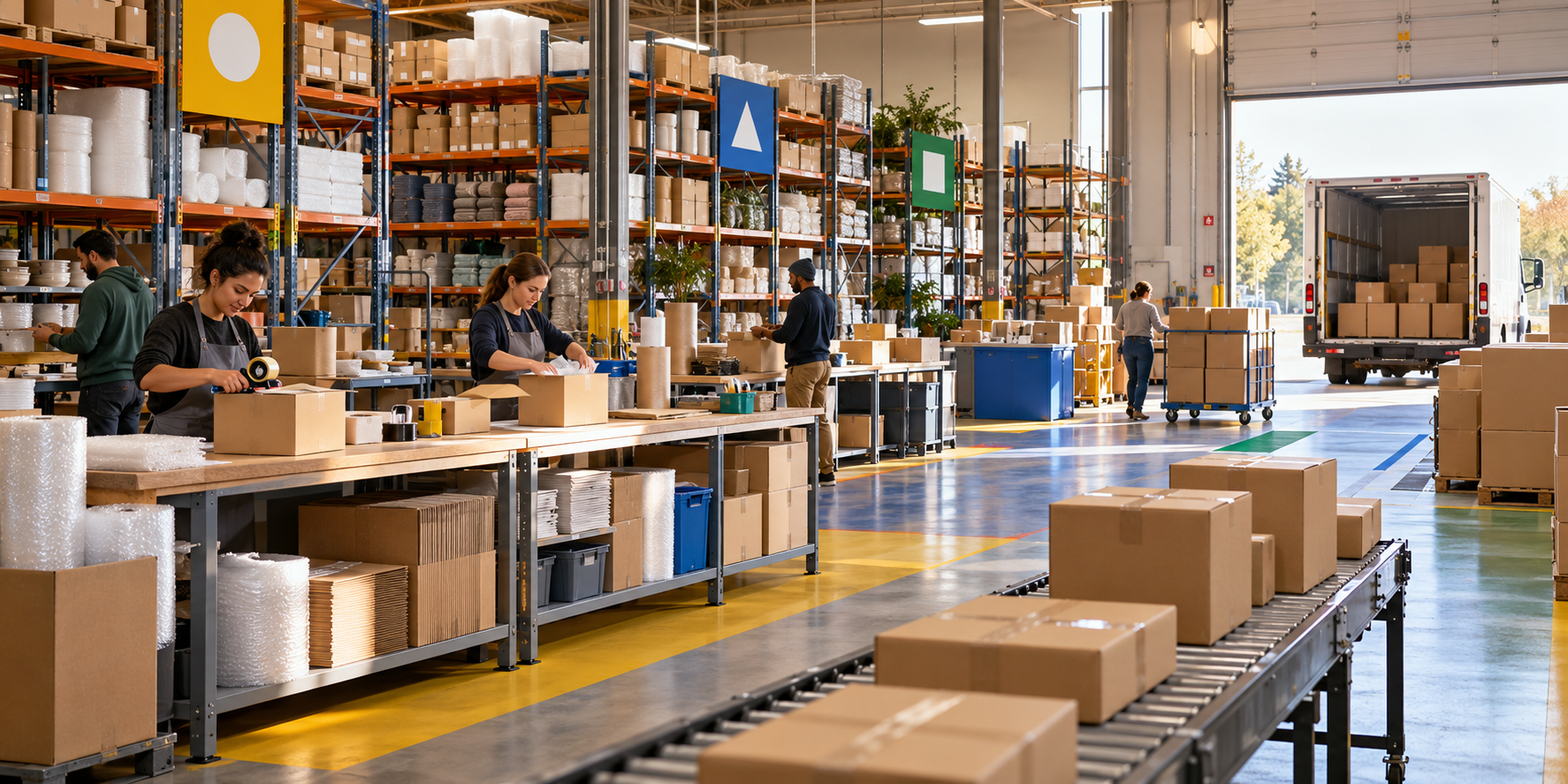 Workers pack unbranded orders at organized stations in a well-stocked ecommerce fulfillment area.