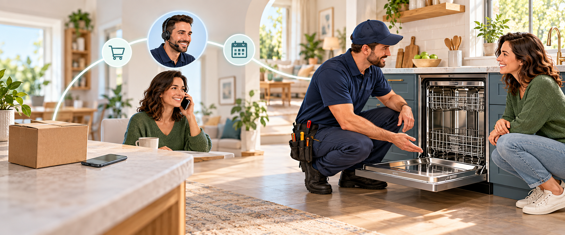 A visual customer journey moves from a product purchase and phone inquiry to a technician completing an appliance installation in a home.