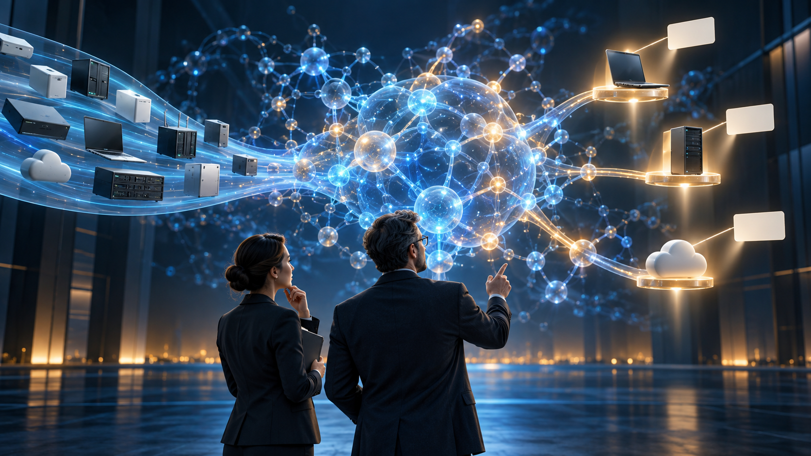 Two business decision-makers examine a glowing network of connected sources and product symbols, with selected items illuminated by citation-like cards.