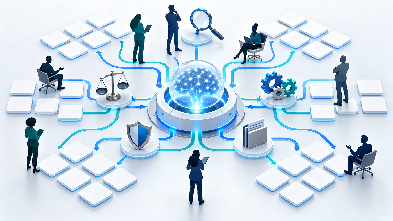 Buyer silhouettes surround a console where multiple question pathways feed into a grid of blank prompt tiles and purchasing-stage symbols.