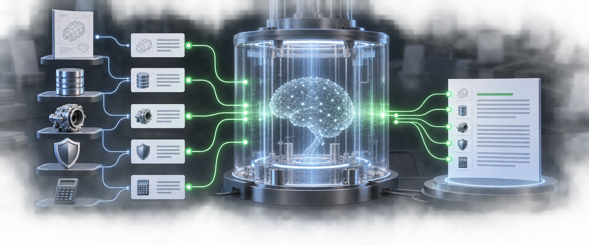 Structured evidence objects flow into a transparent AI chamber, which connects its output back to individual source cards while unclear documents remain separate.