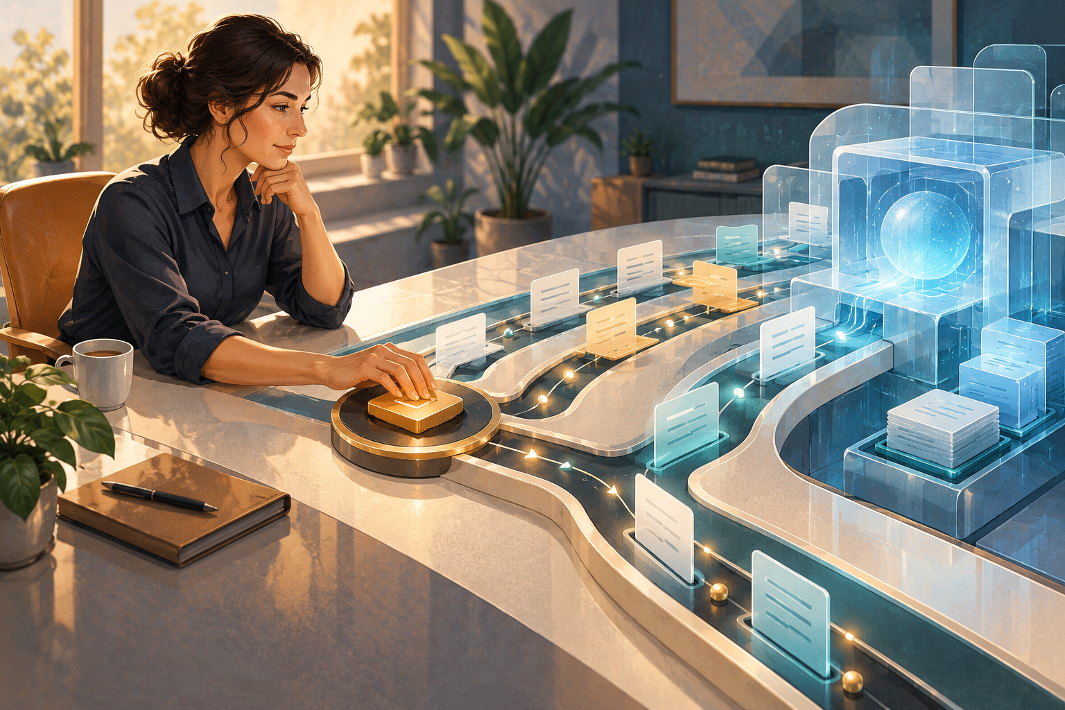 A professional at a desk guides routine task cards toward an abstract AI system while keeping one final decision token under their hand.