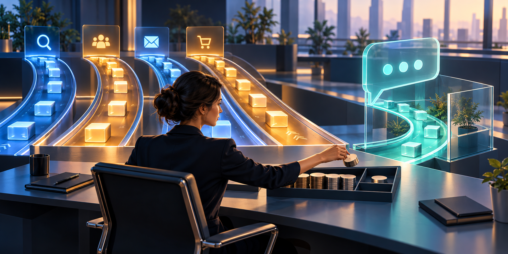 A marketing strategist allocates a small group of budget tokens to an experimental conversational channel while several established acquisition lanes remain active.