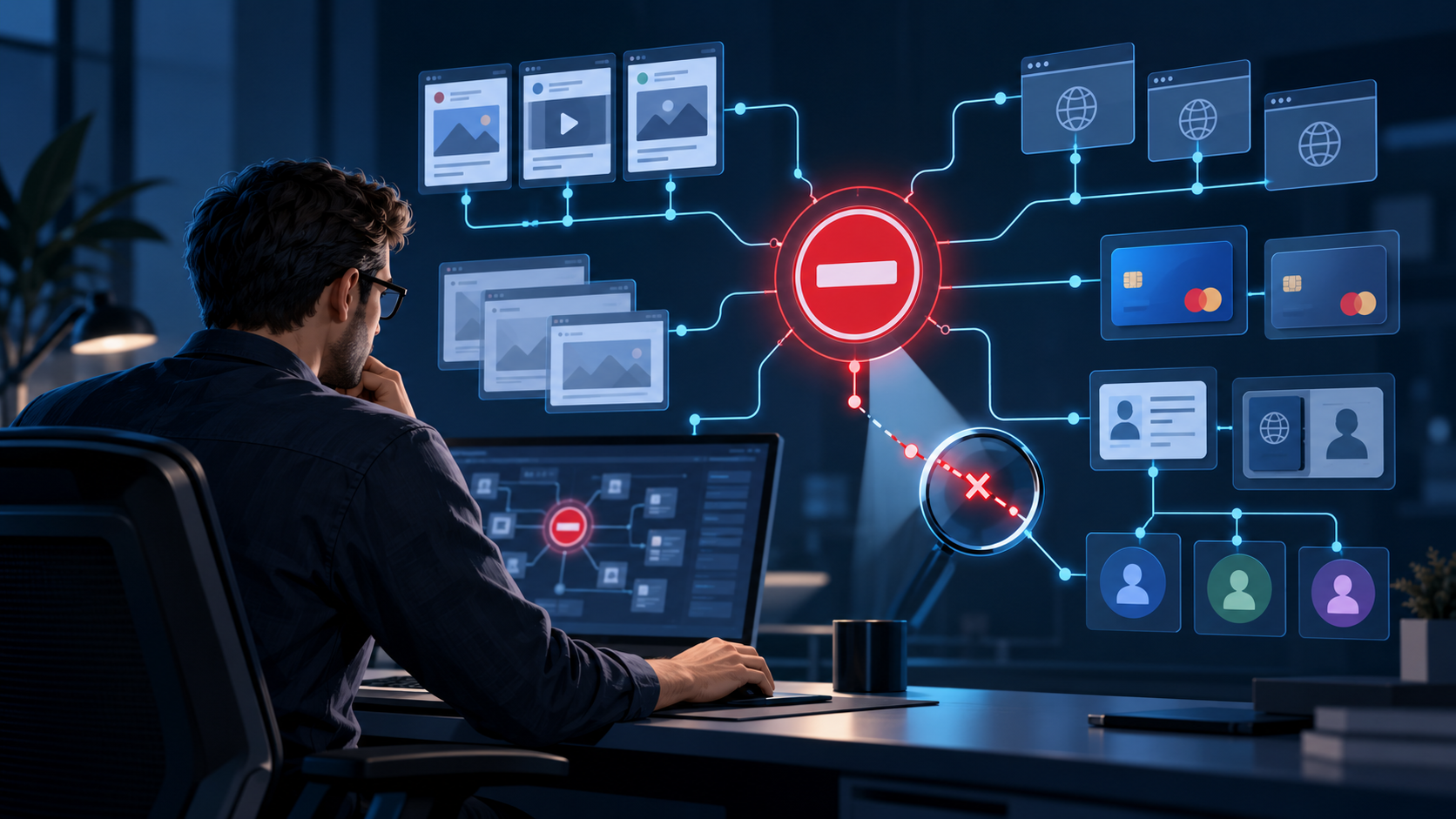 A digital investigator examines connected advertising, website, payment, identity and user-account elements around a red suspension symbol.