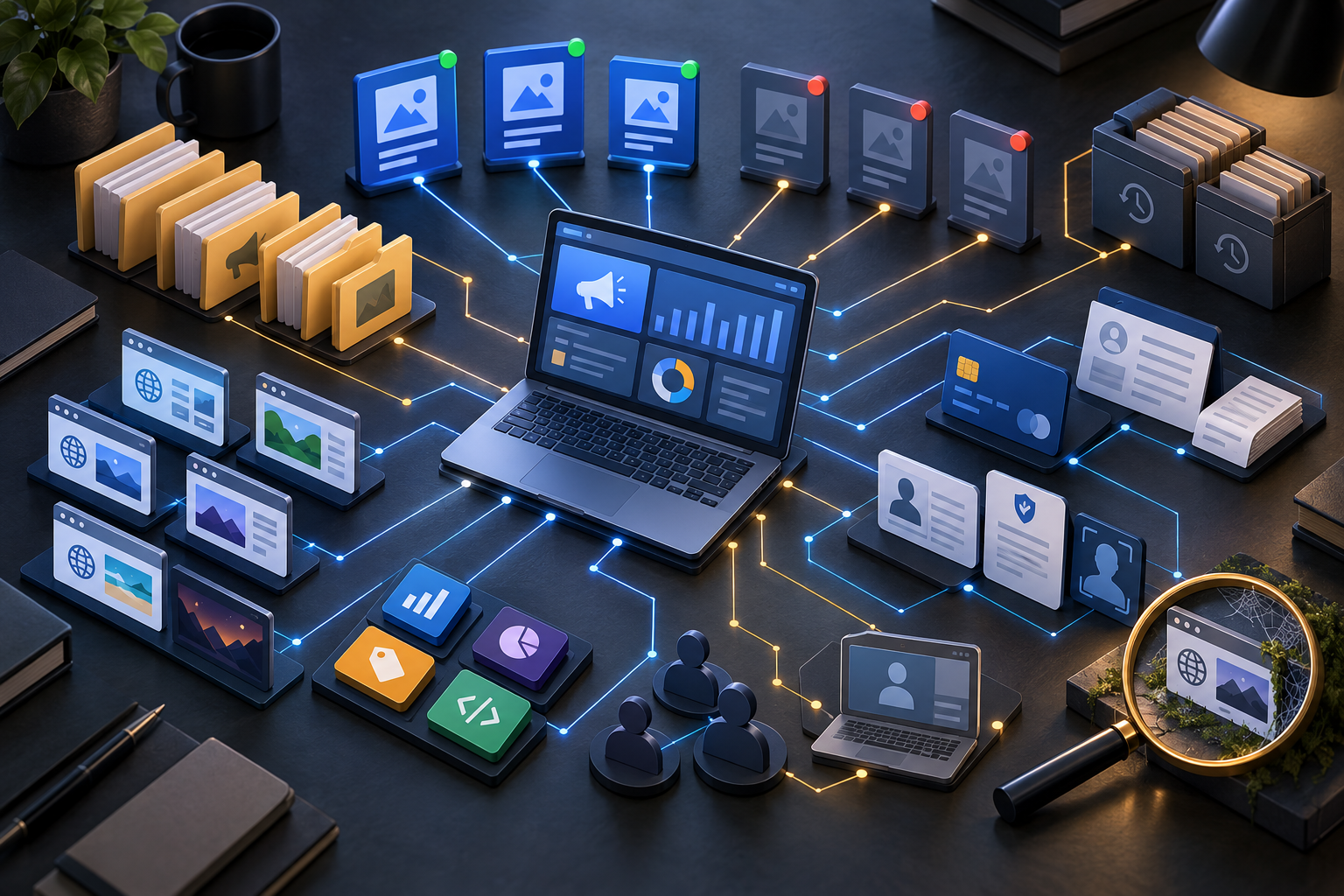 An evidence map connects ads, domains, payment details, verification documents, tracking elements and account administrators, with an old domain under a magnifying glass.