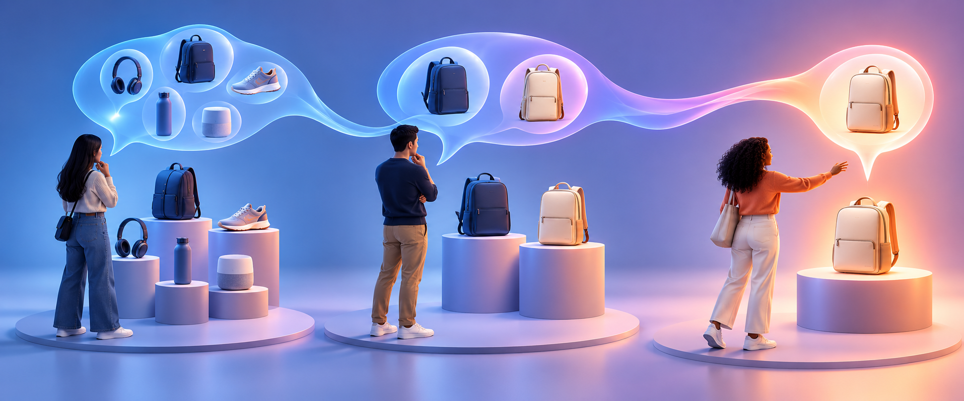 Three shoppers explore, compare, and select generic products along a pathway connected by blank speech-bubble shapes.