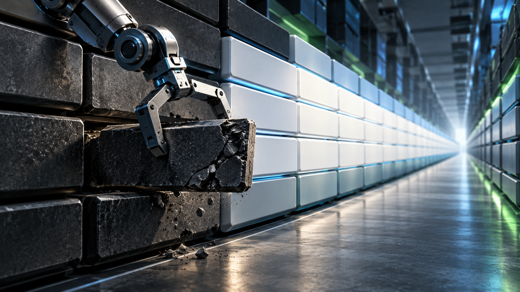 A robotic mechanism removes a dark tile while layers of brighter tiles extend behind it through a digital corridor.