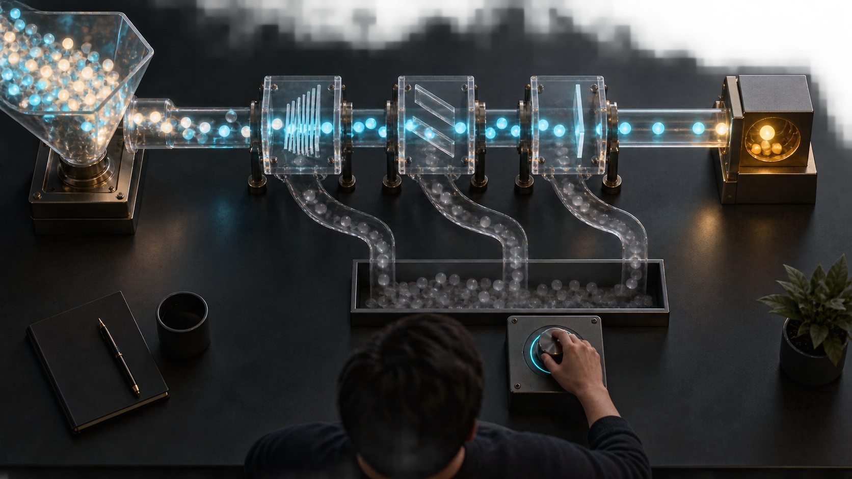 An analyst observes light particles moving through a transparent series of checkpoints toward a final outcome block in a tabletop testing apparatus.