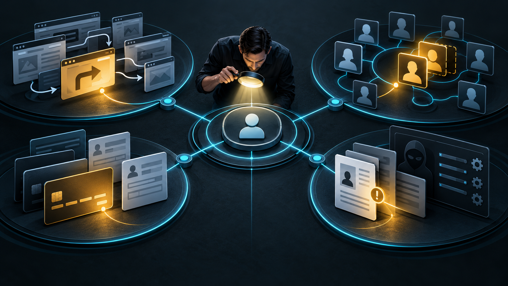 A specialist inspects four branching paths leading to website redirects, linked accounts, billing details and verification or technical records.