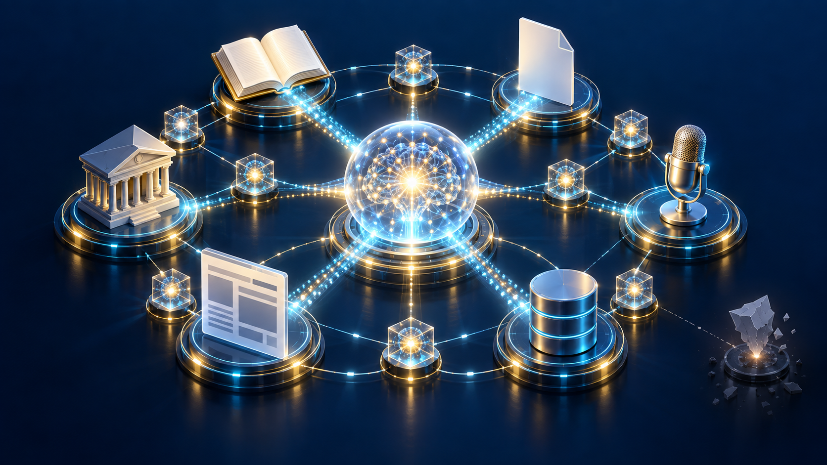 Multiple source objects connect through glowing paths to a central translucent AI core, with one dim fragment isolated at the edge.