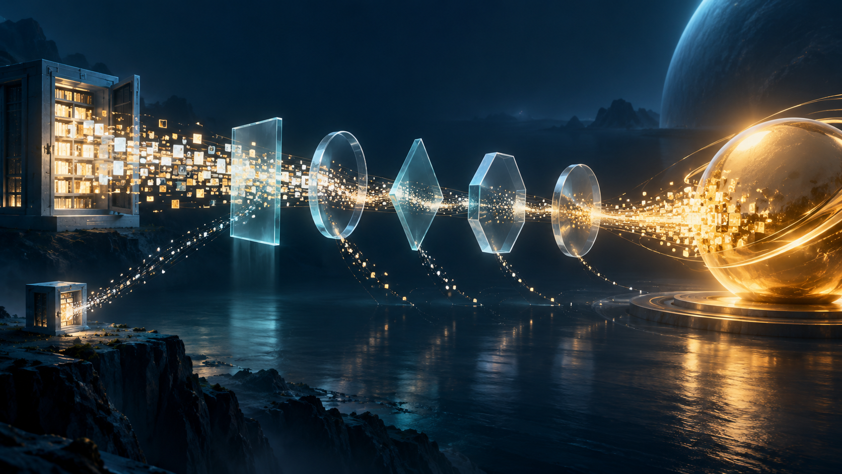 A stream of glowing information fragments passes through five translucent gates, with most of the golden flow redirected toward one large destination and little returning to the smaller source.
