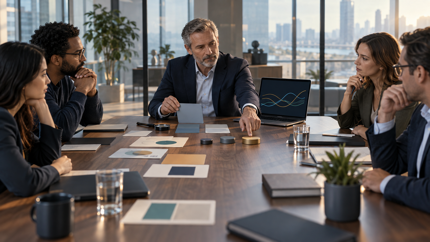An experienced strategist evaluates abstract evidence at a conference table while colleagues wait for a decision.