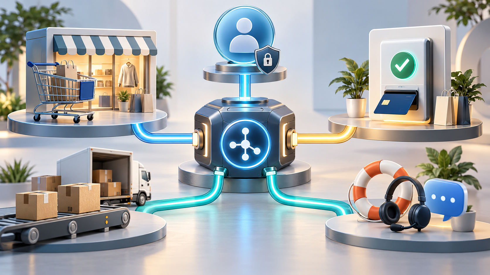 An abstract ecommerce hub connects a shopping cart, hosted checkout, customer identity token, payment confirmation, fulfillment boxes, and support tools through three separate paths.