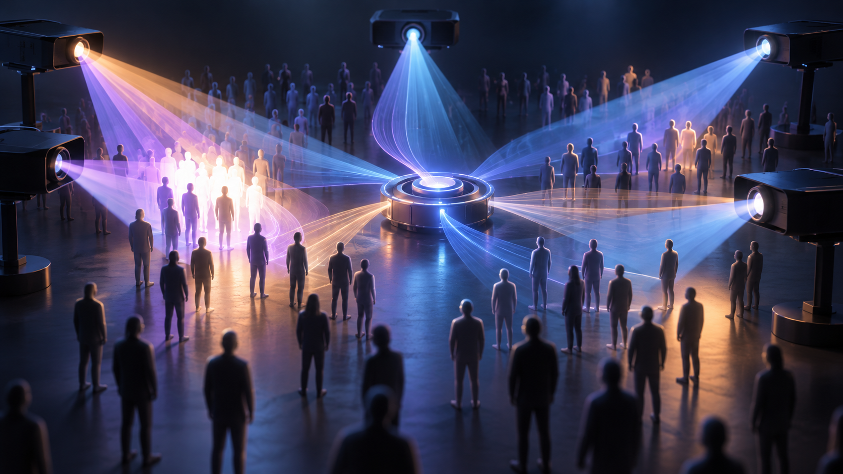 Several video projectors cast overlapping beams toward a crowd while a central control hub redirects the light across more audience members.