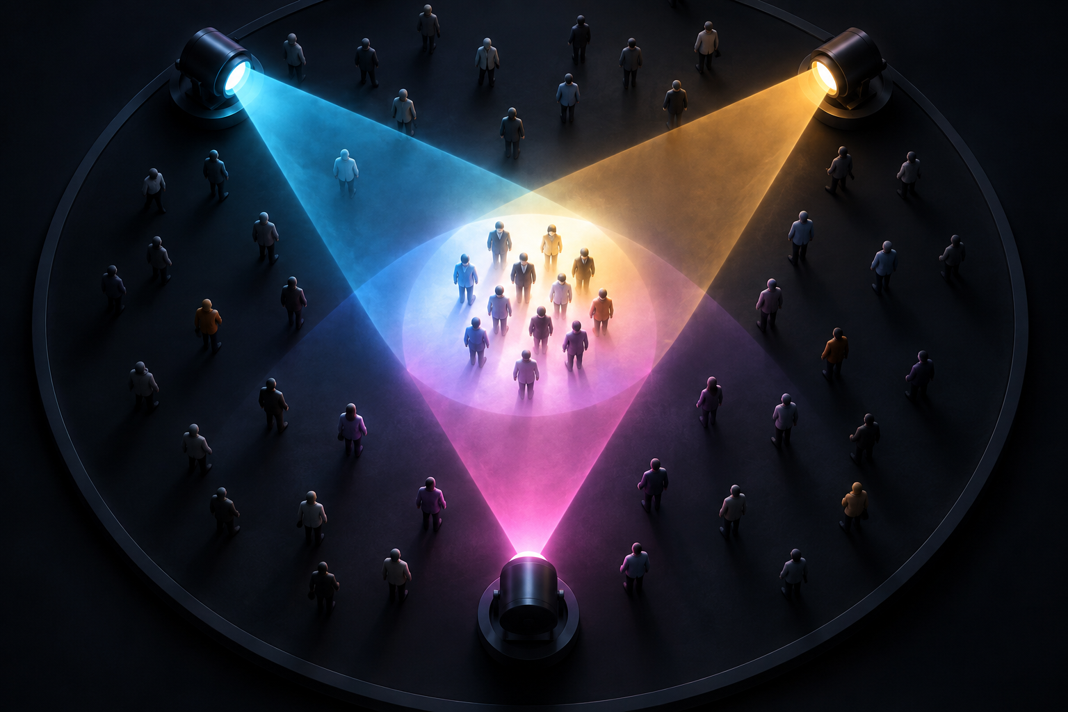 A top-down view shows three colored projection beams overlapping on the same small group of people while others remain outside the light.