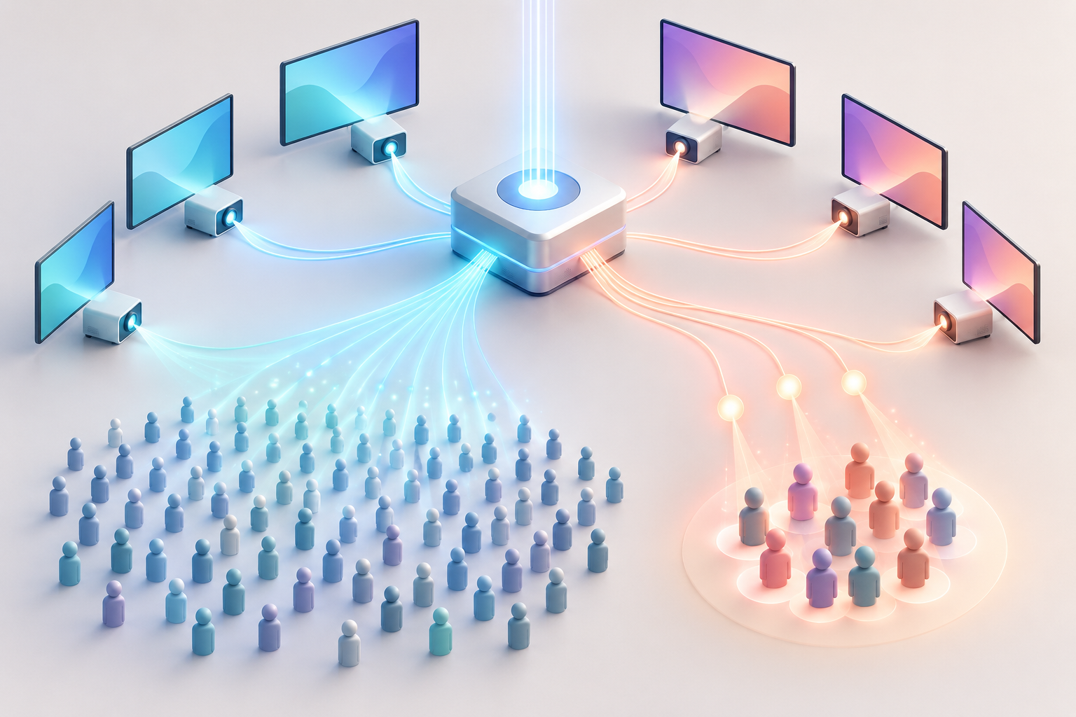 A central control module connects several video campaign devices and distributes light either broadly across many people or in even pulses to a defined group.