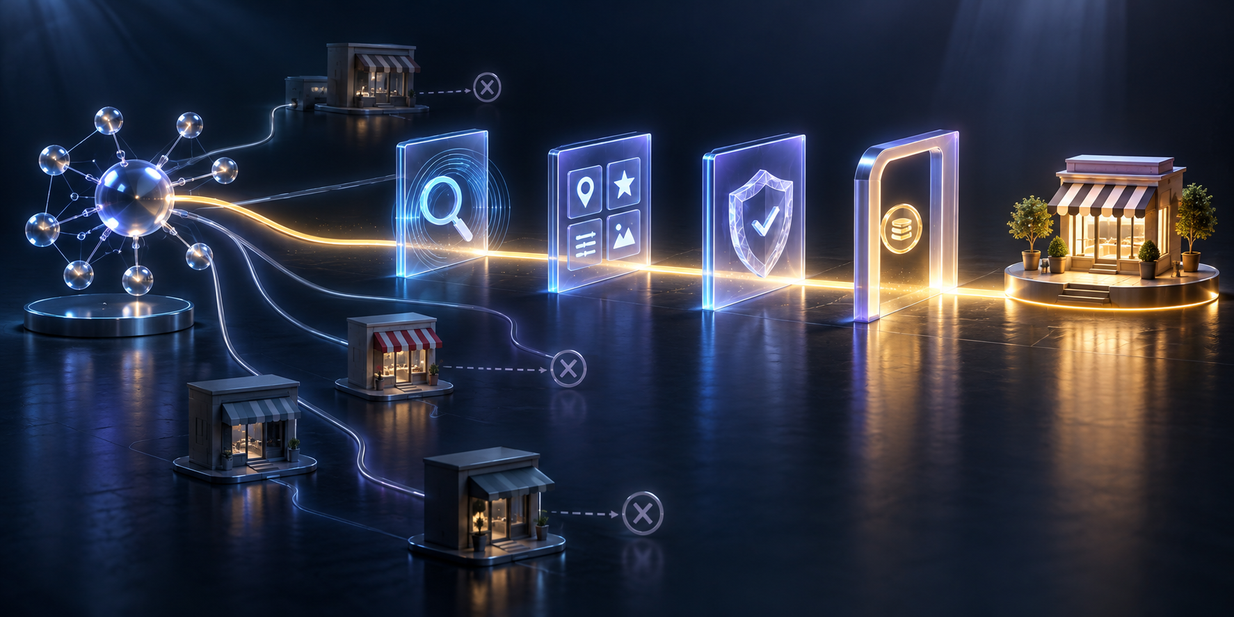 An abstract AI network compares several storefronts as one illuminated path passes through four translucent gates and reaches a selected business.