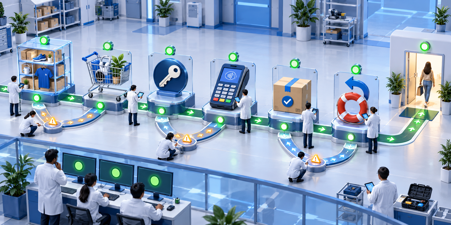 Six quality-control stations test product availability, cart transfer, identity, payment, order confirmation, and customer recovery along an ecommerce purchase path.