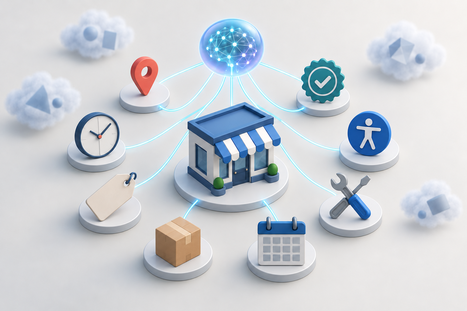A central business model is connected to visual modules for location, hours, price, availability, services, accessibility, and verification.