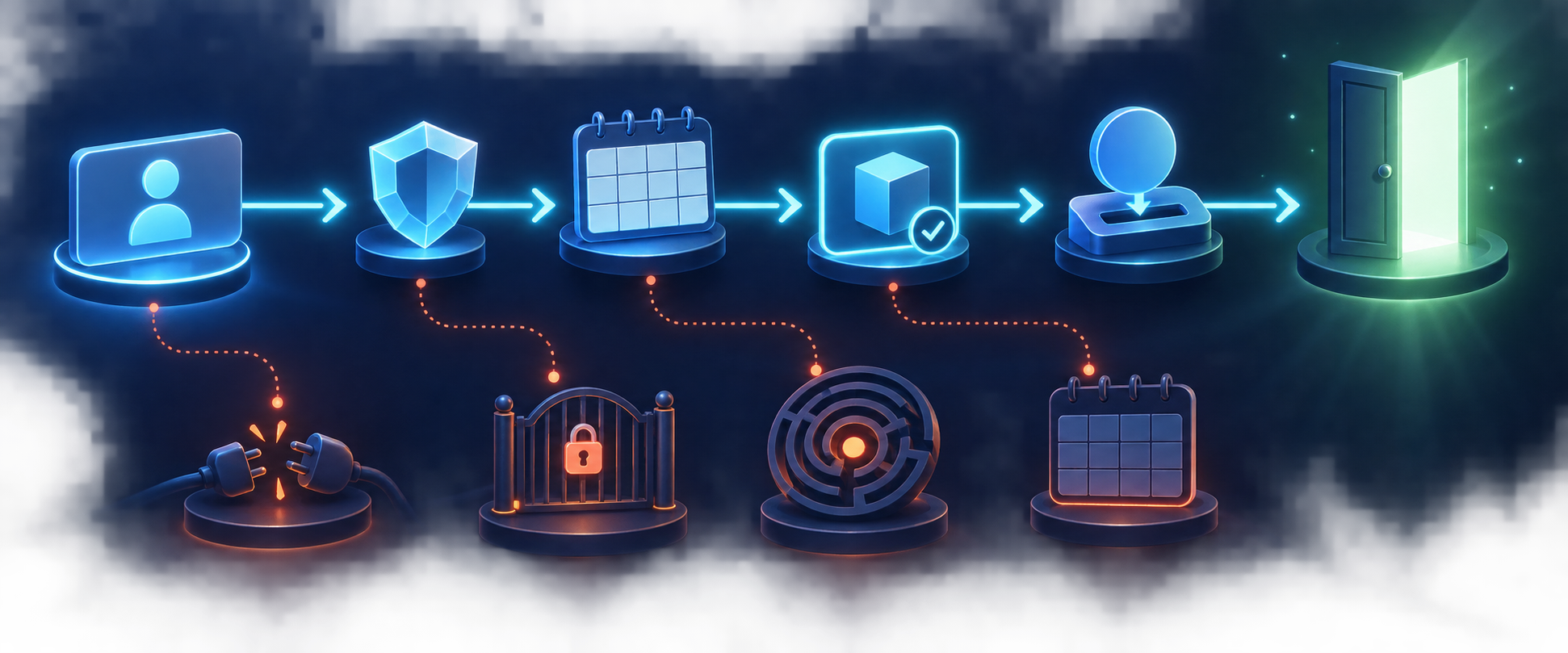 A glowing agent pathway moves through verification, availability, selection, payment, and completion while alternate routes end at digital obstacles.