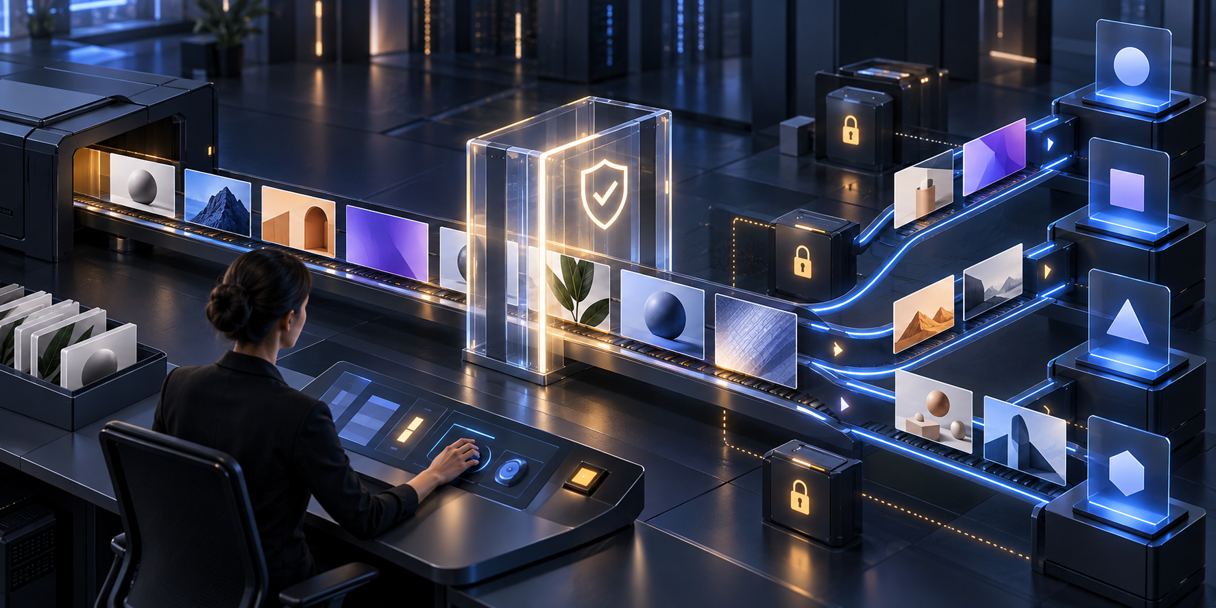 A marketing specialist guides abstract advertising assets through a transparent checkpoint from an older campaign system into a modular multichannel system.