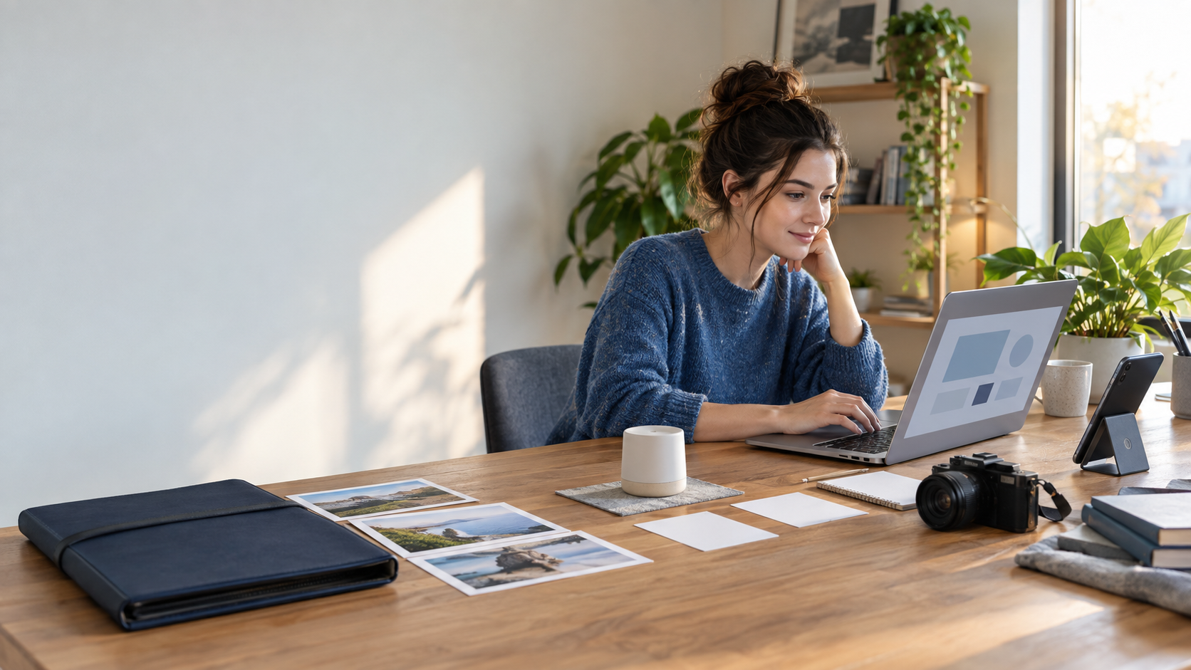 A professional works on an independent digital project at a home-office desk surrounded by a laptop, camera, prototype, planning cards, and portfolio case.