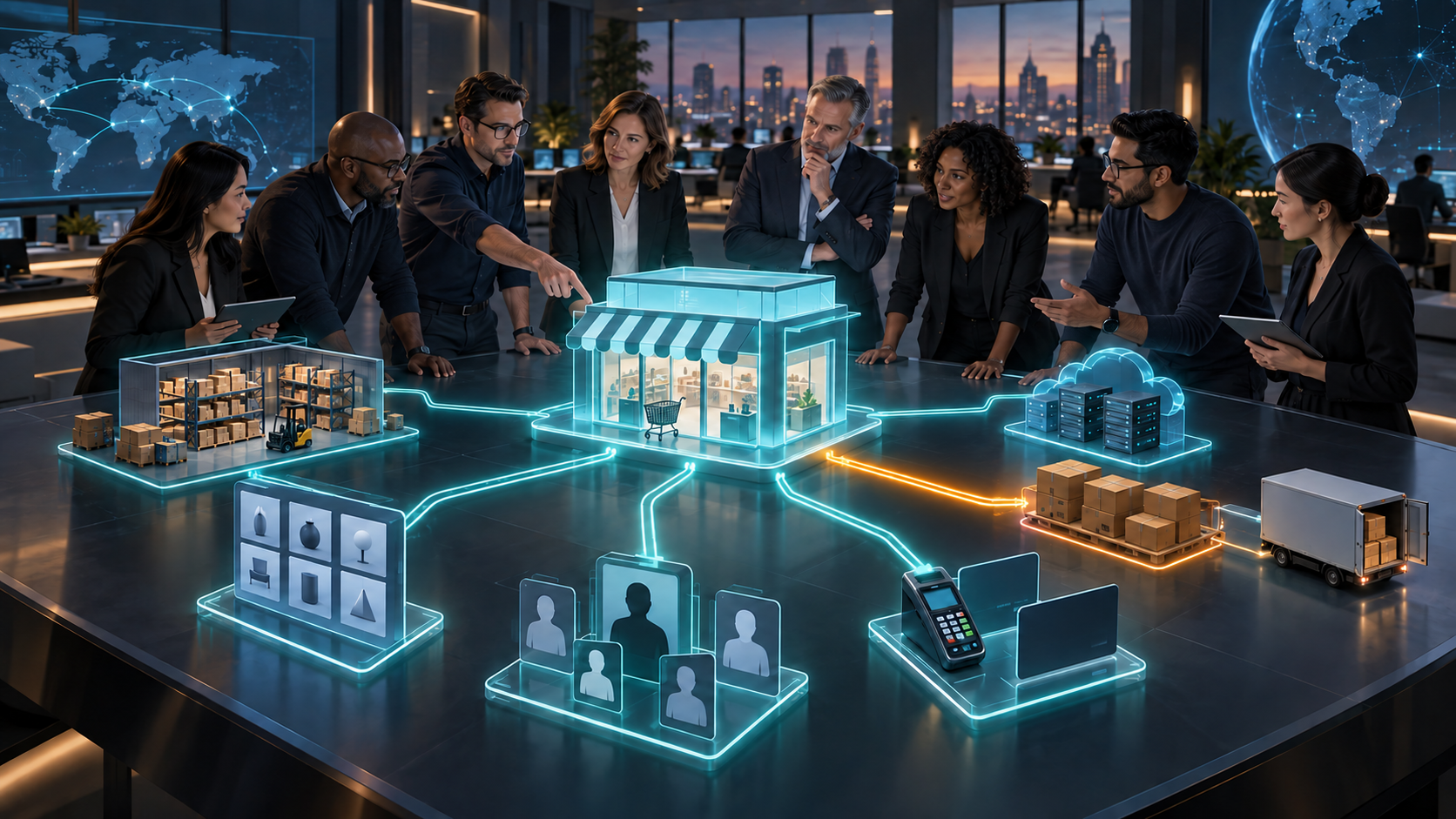 Client and agency teams examine a glowing digital storefront connected to warehouse, payment, customer, order, delivery, and cloud systems.