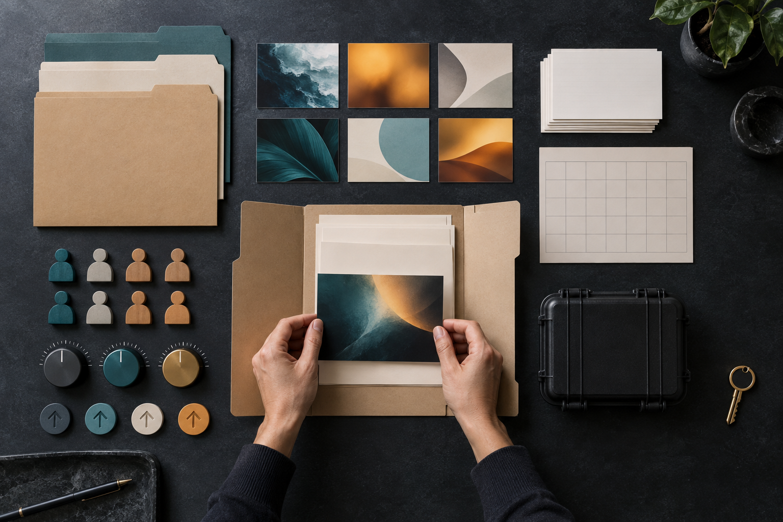 Hands organize unlabeled campaign assets, audience tokens, budget controls, conversion markers, and a backup case into a structured migration packet.