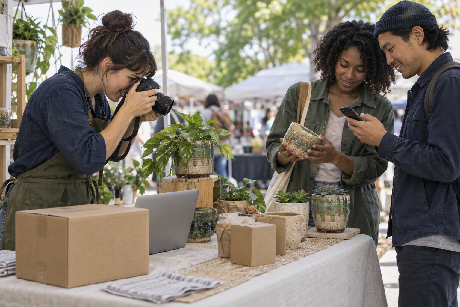 A creator photographs a handmade planter at a community market while two visitors examine the product and use a phone.