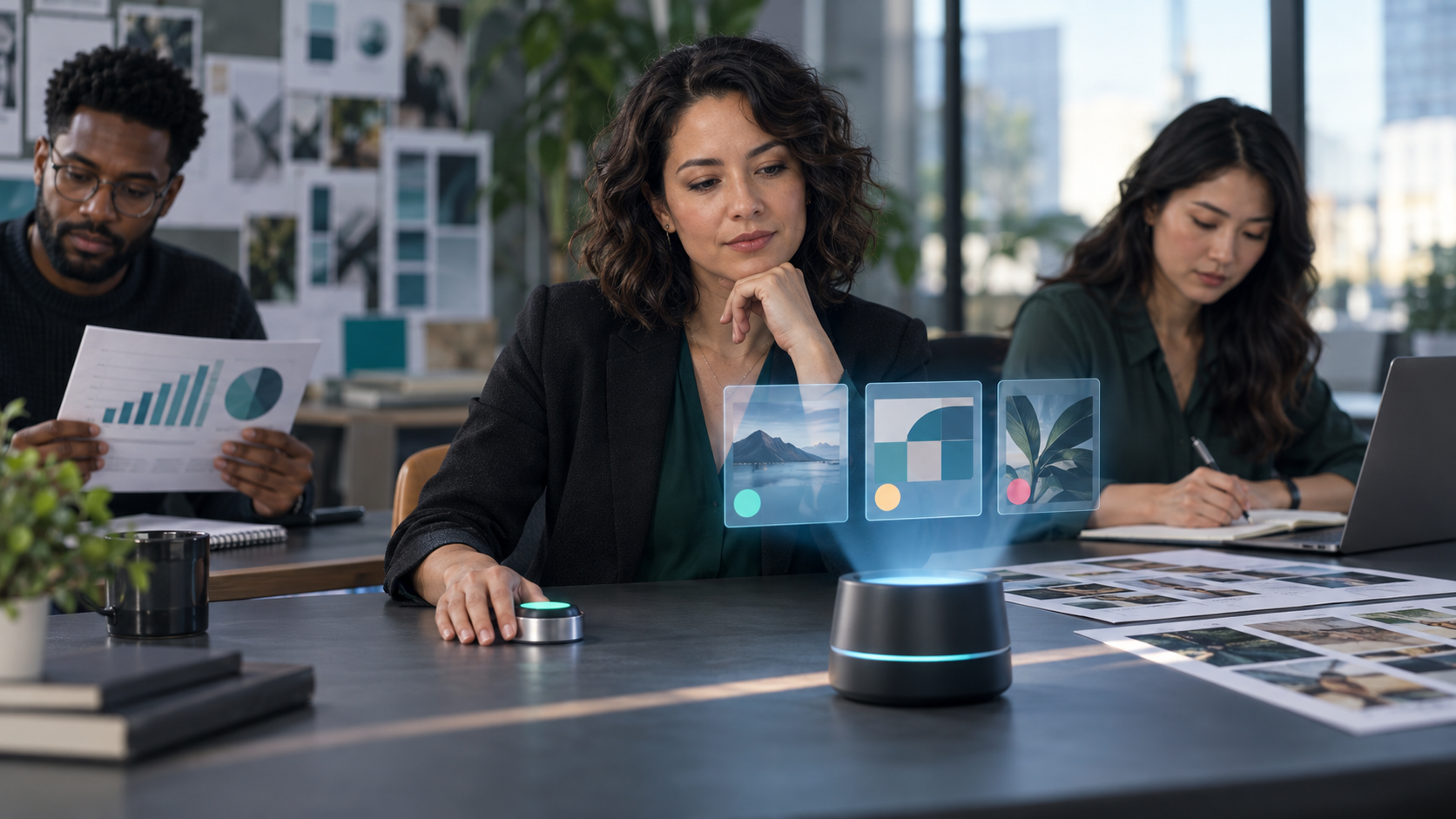 A marketing lead reviews abstract AI-generated recommendation tiles while colleagues examine supporting materials at a conference table.
