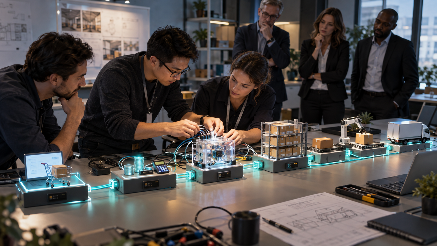 A client and agency team test a prototype order flow linking product, pricing, payment, inventory, fulfilment, and delivery modules.