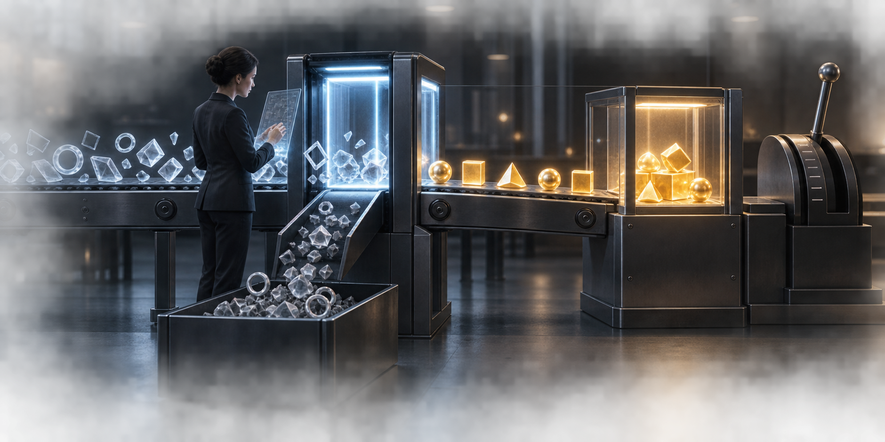 An analyst monitors a quality gate that separates solid luminous conversion tokens from hollow fragmented ones before an inactive volume control.
