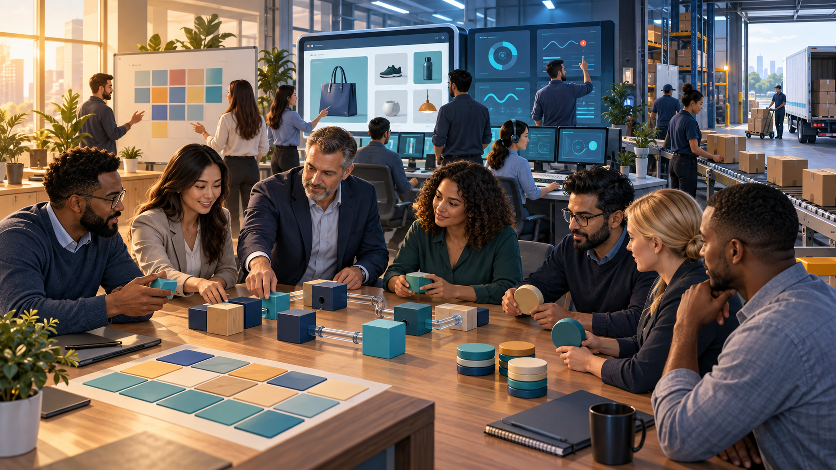 Client and agency teams plan responsibilities at a table that leads into a shared post-launch commerce operations workspace.