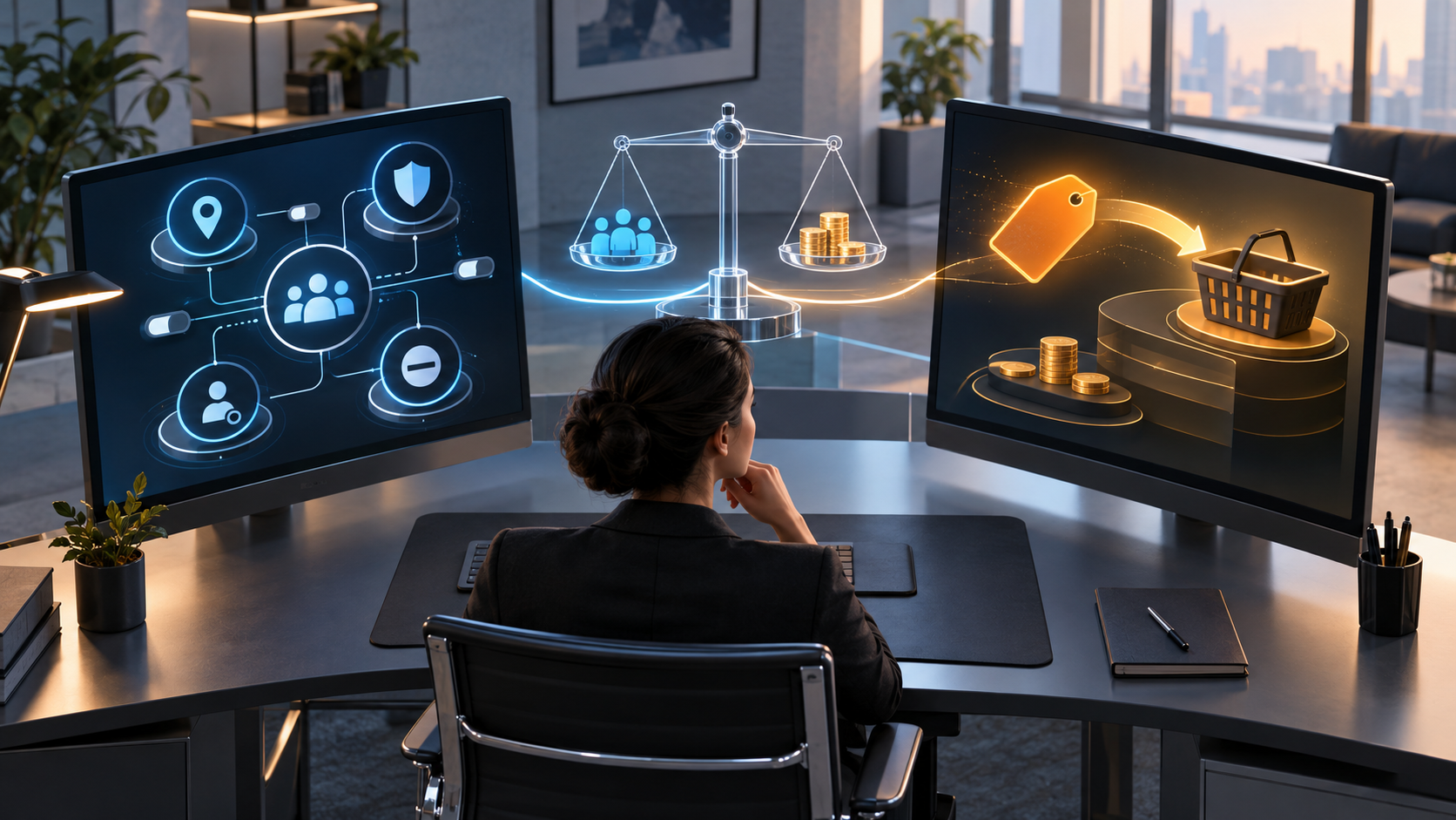 A marketing analyst monitors audience controls and a digital shopping offer on two sides of a connected control desk.
